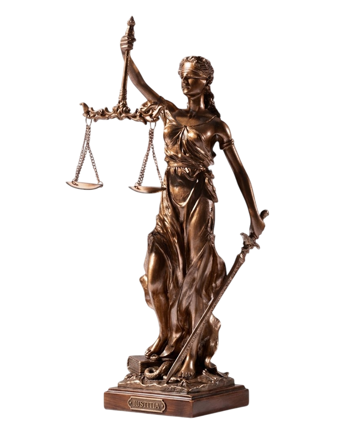 Bronze statuette of a blindfolded Lady Justice holding the scales and sword of justice