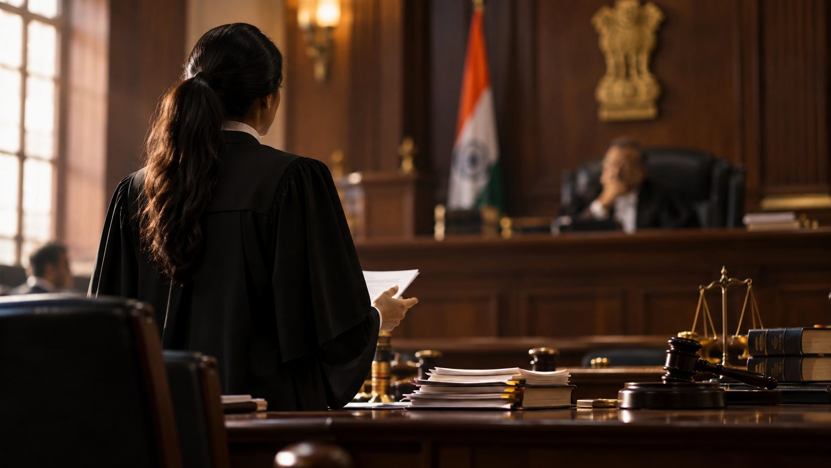 An advocate in robes addressing the bench in an Indian courtroom - Eagle Law & Integrity anticipatory bail practice