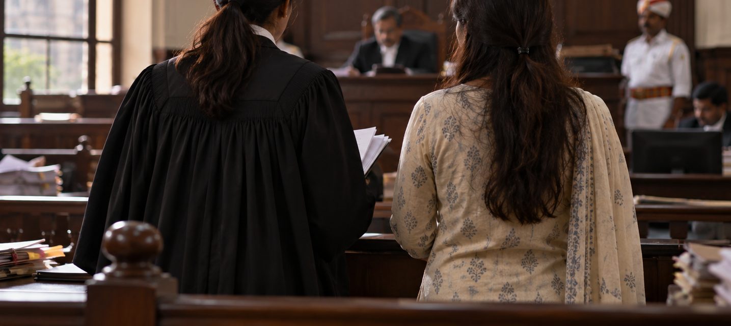 An advocate standing with her client before the judge in a Mumbai courtroom