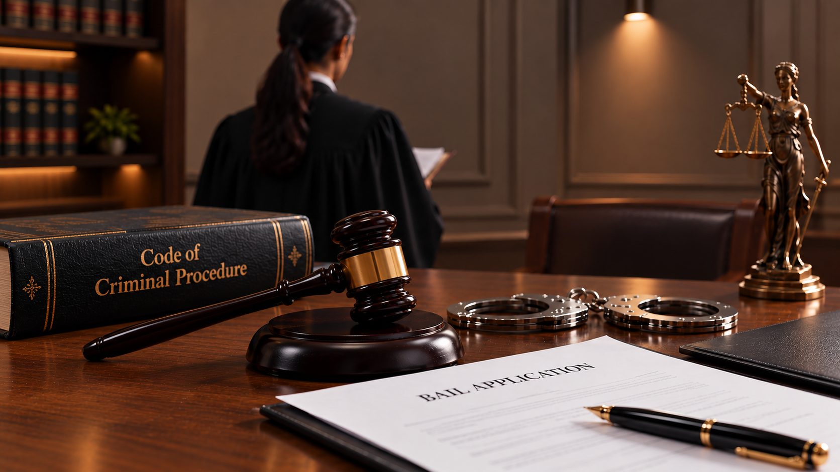 An advocate in robes reading a file behind a desk with a gavel, handcuffs and a bail application - Eagle Law & Integrity bail practice