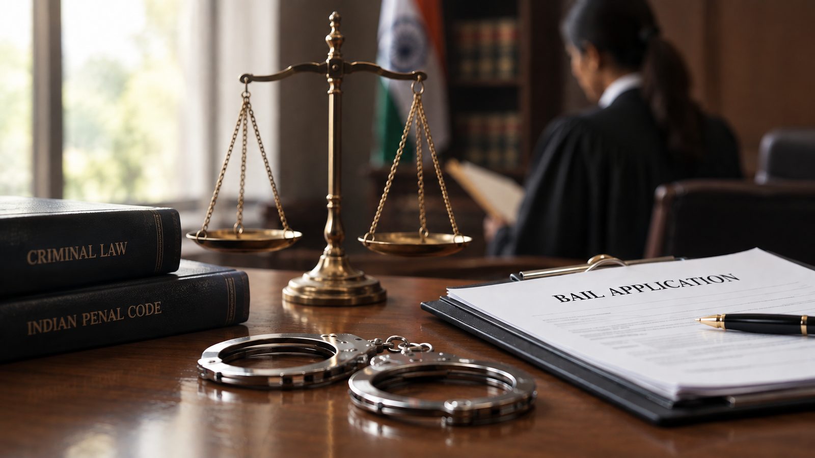 A bail application, handcuffs and the scales of justice on a lawyer's desk, with an advocate reading in the background
