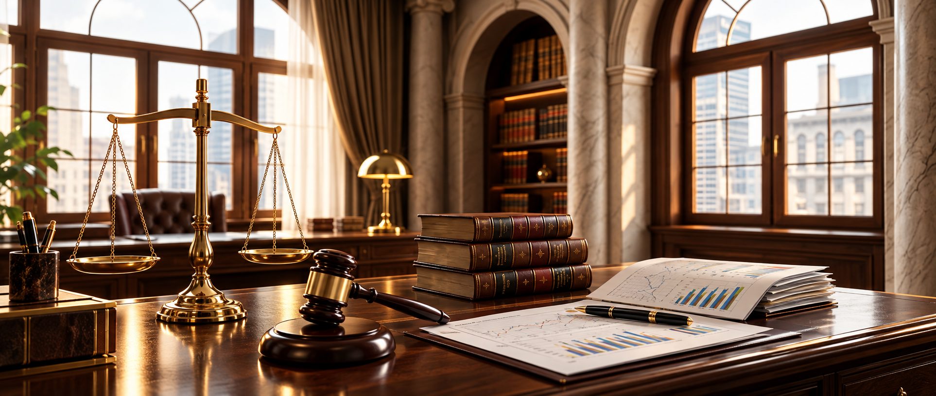 The scales of justice, a gavel, law books and financial reports on a desk in a classic law office - Eagle Law & Integrity banking and financial litigation practice