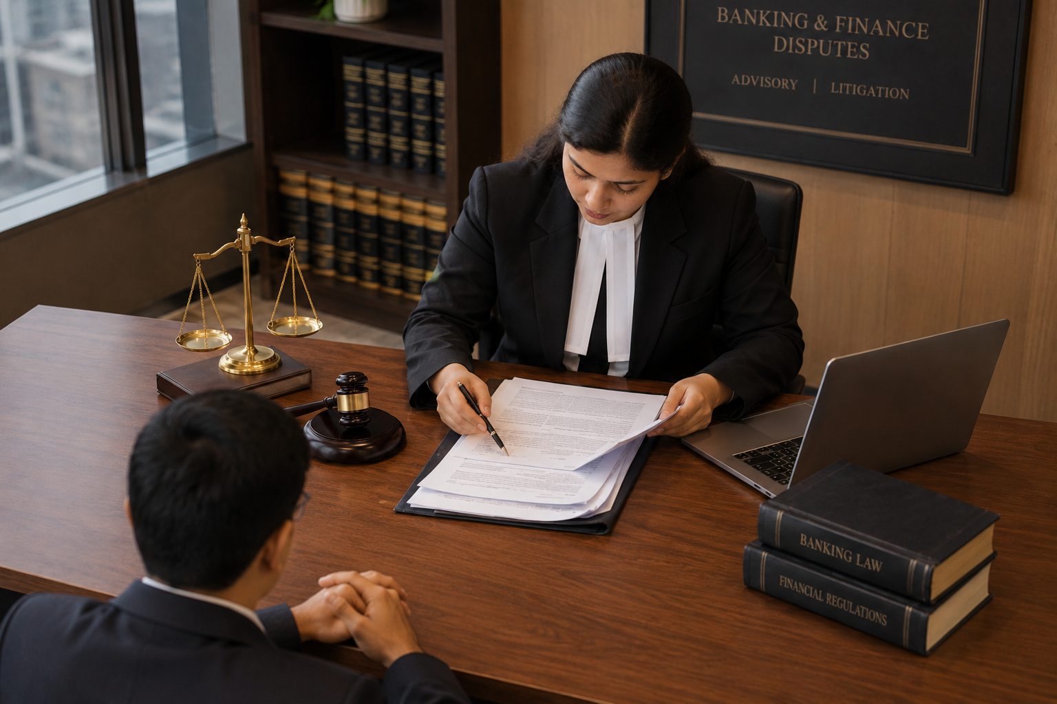 A banking litigation lawyer reviewing documents with a client, with banking law and financial regulations books on the desk