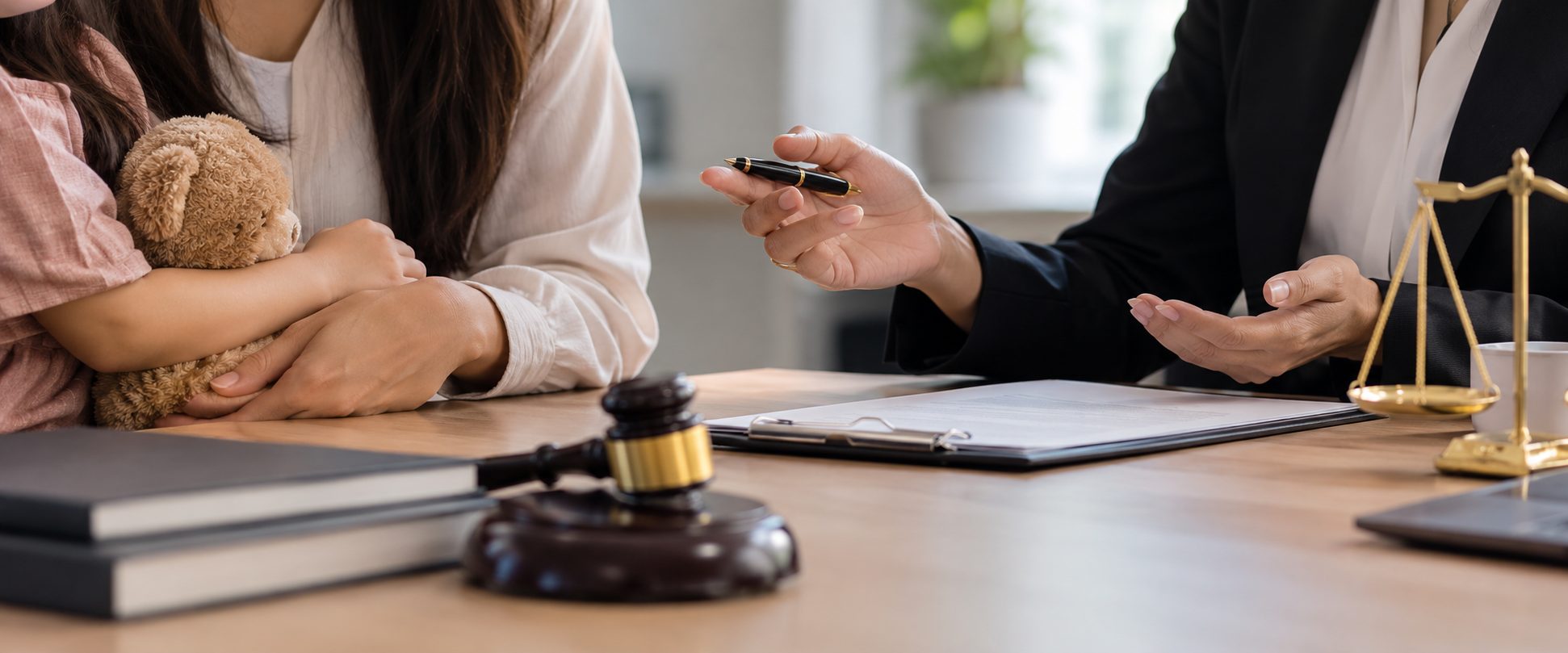A lawyer advising a mother holding her young child across a desk with a gavel and the scales of justice - Eagle Law & Integrity child custody practice