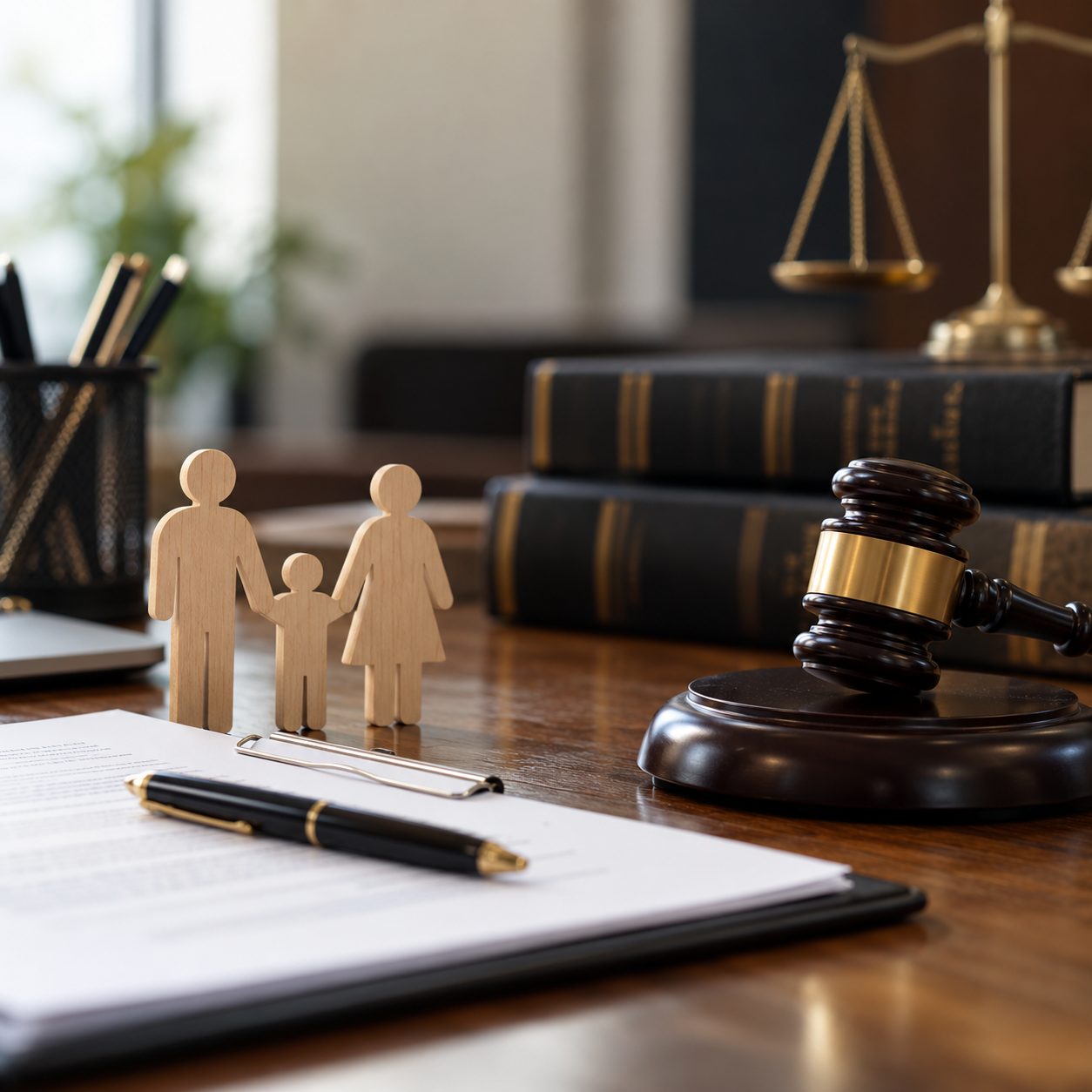 Wooden family figurines, a gavel and the scales of justice beside custody documents on a lawyer's desk