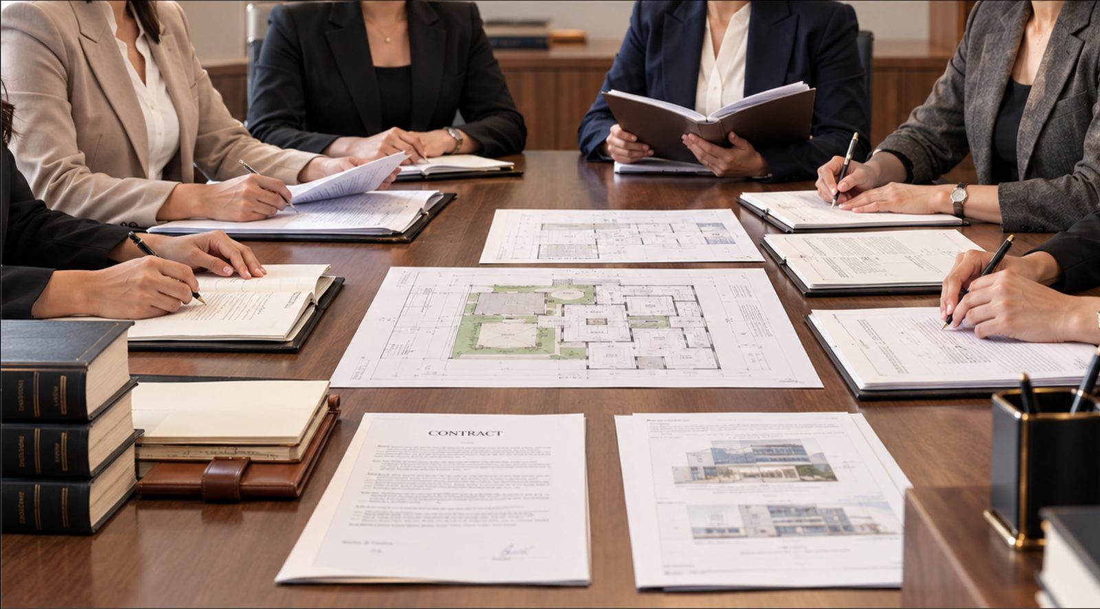 Lawyers reviewing contracts and property plans around a conference table