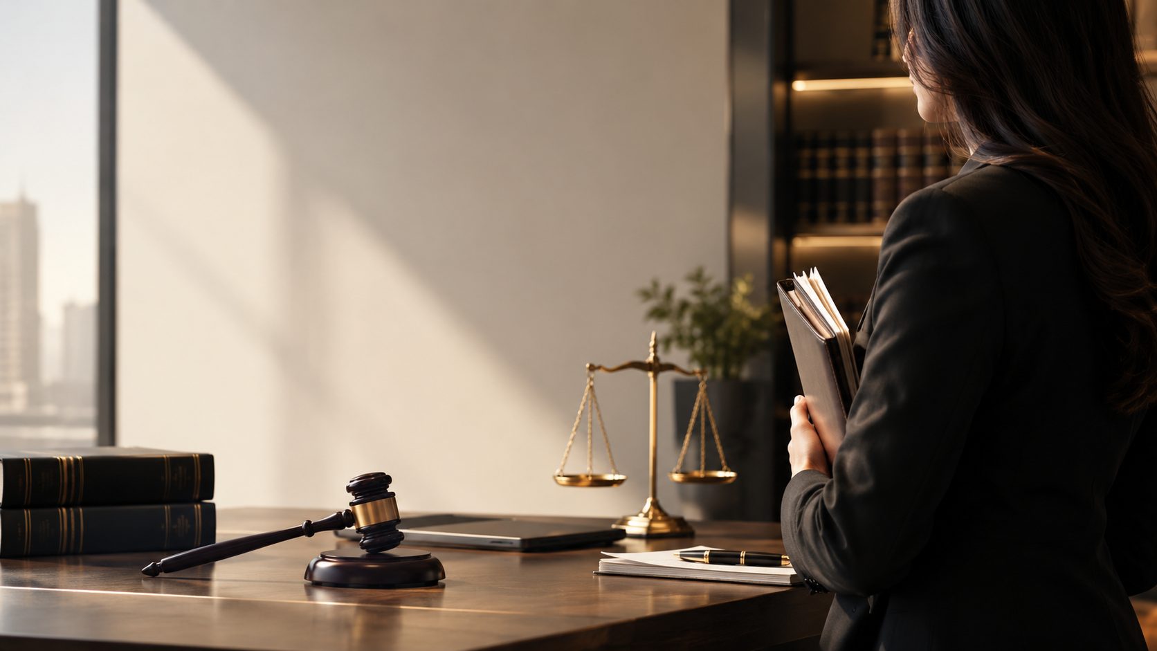 A lawyer holding case files beside a desk with a gavel and the scales of justice - Eagle Law & Integrity civil litigation practice