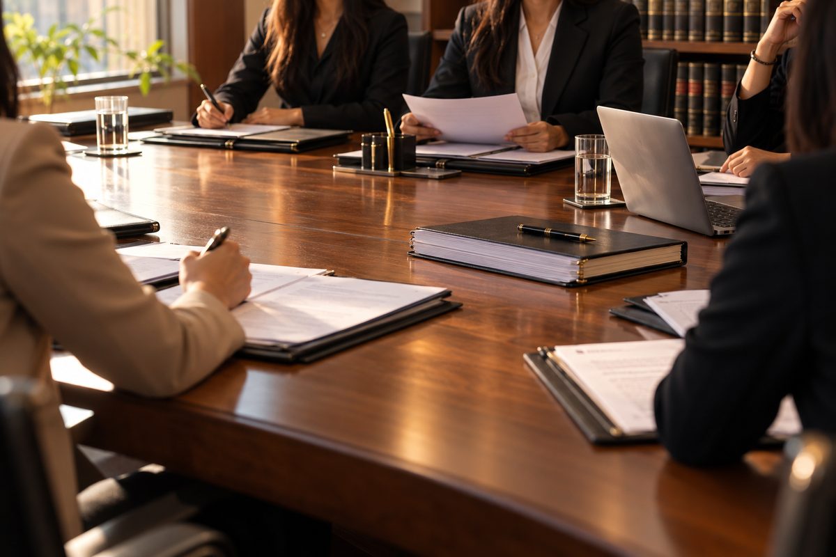 Lawyers and parties seated around a conference table during arbitration-related proceedings