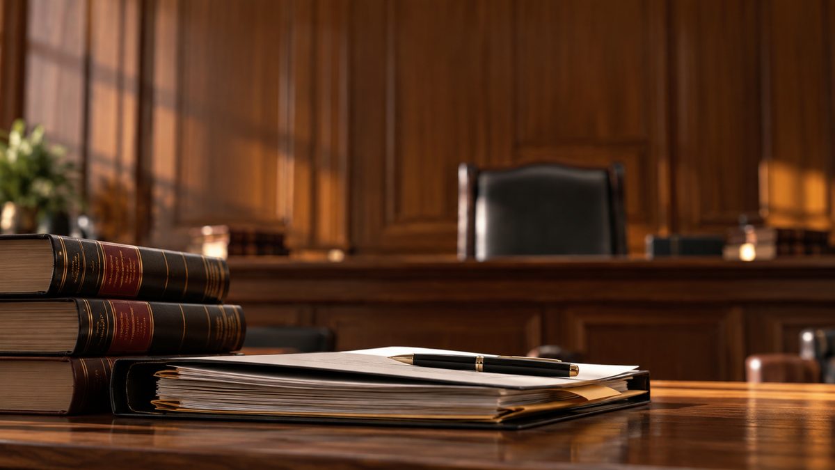Law books and case files on a desk in an empty courtroom