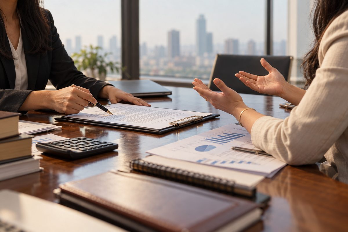 A lawyer reviewing contract documents and financial reports with a client