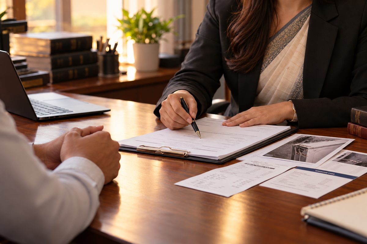 A lawyer reviewing bills and claim documents with a client