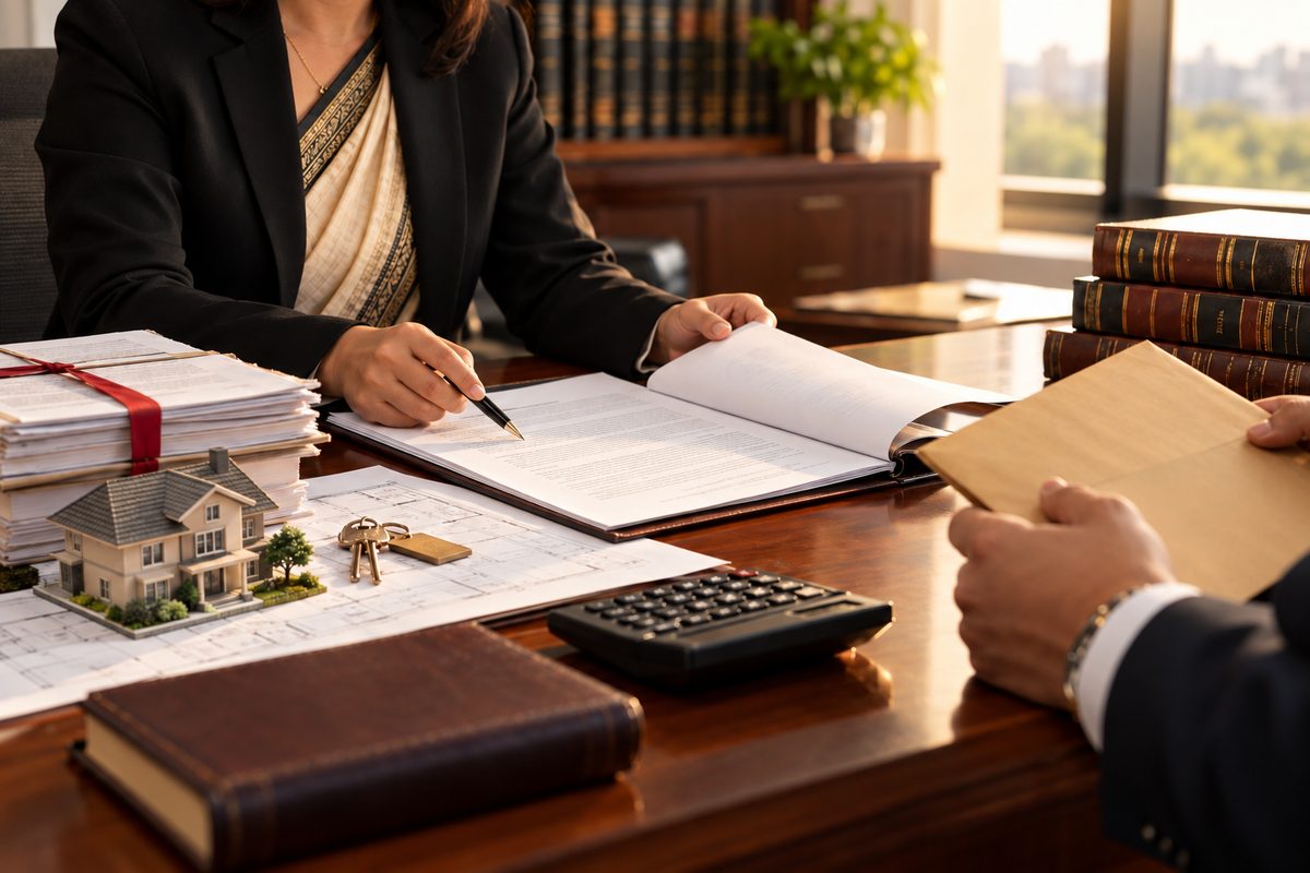A lawyer reviewing court decree papers, property documents and keys with a client