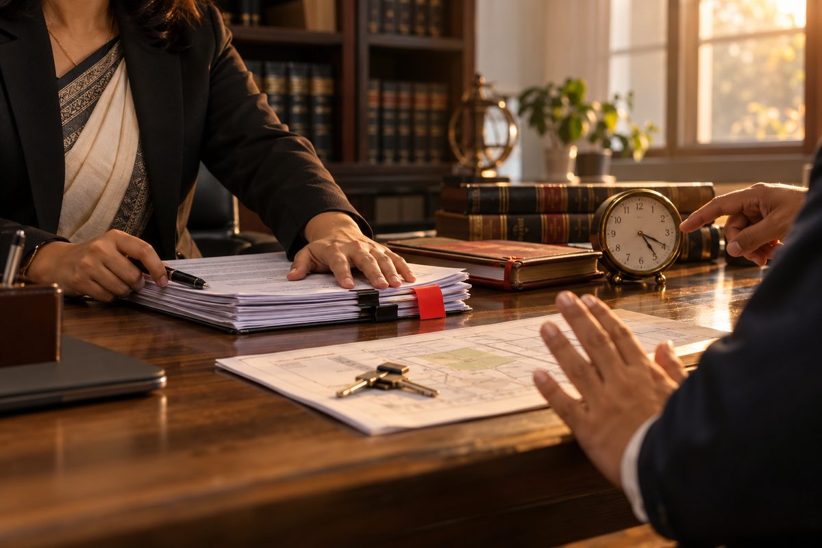 A lawyer reviewing urgent case papers and property documents with a client, beside a clock