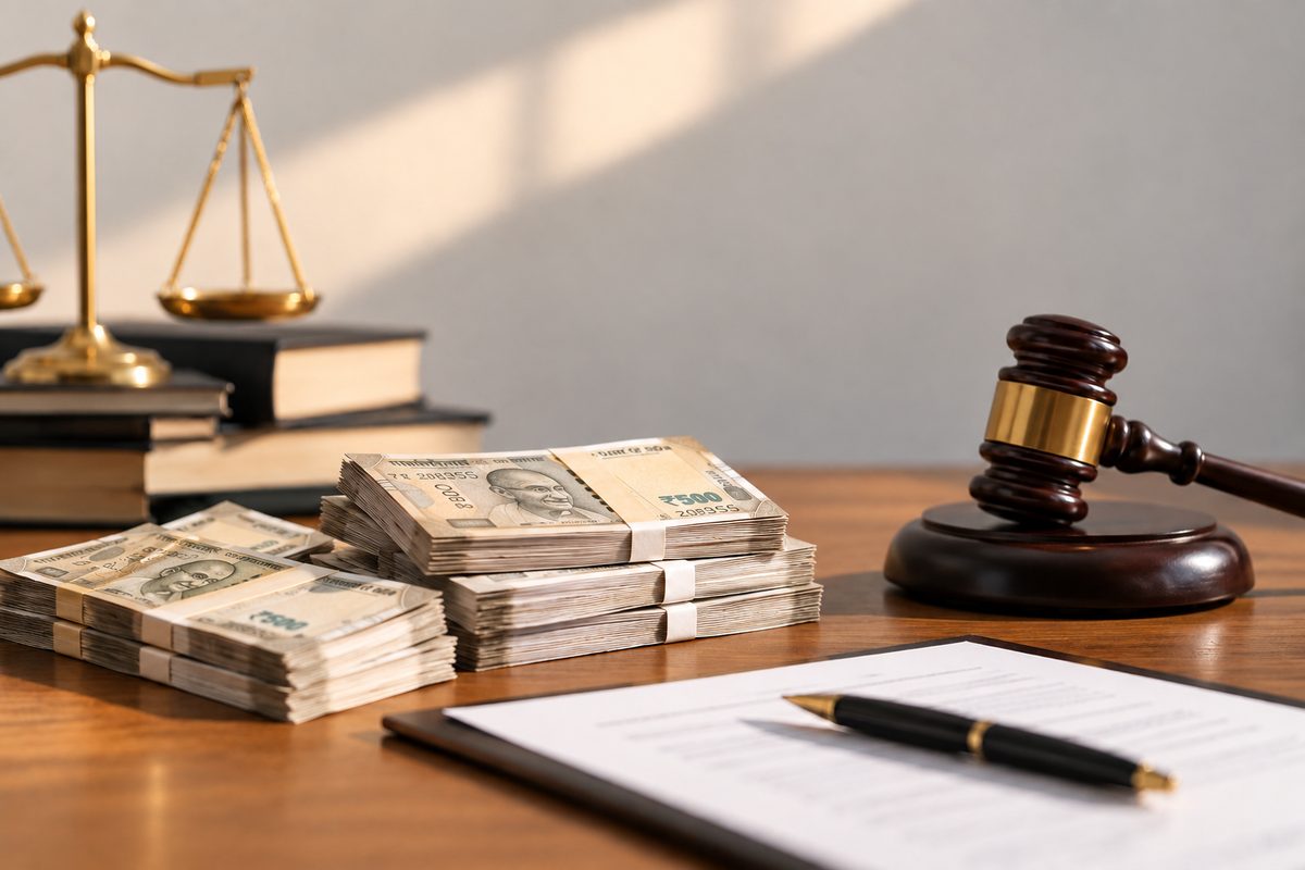 Bundles of rupee notes, a gavel and the scales of justice on a desk