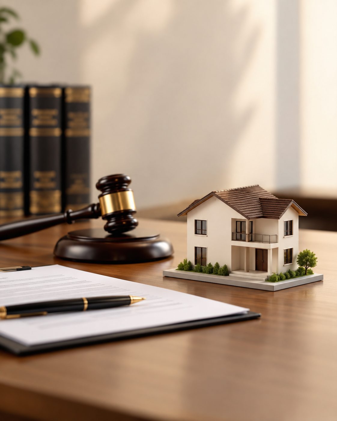 A model house, a gavel and property documents on a lawyer's desk