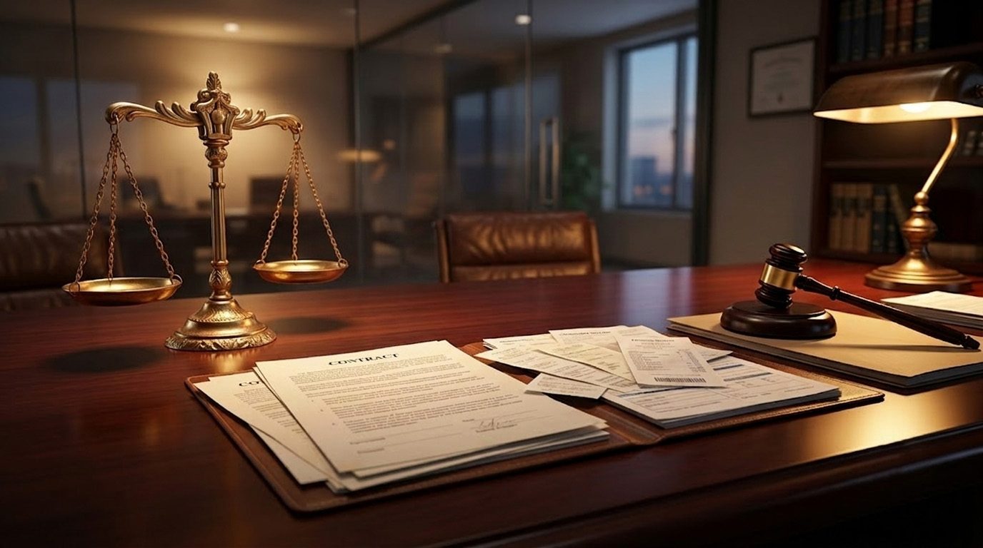 The scales of justice, a gavel and contract documents on a desk in a law office - Eagle Law & Integrity consumer protection law practice