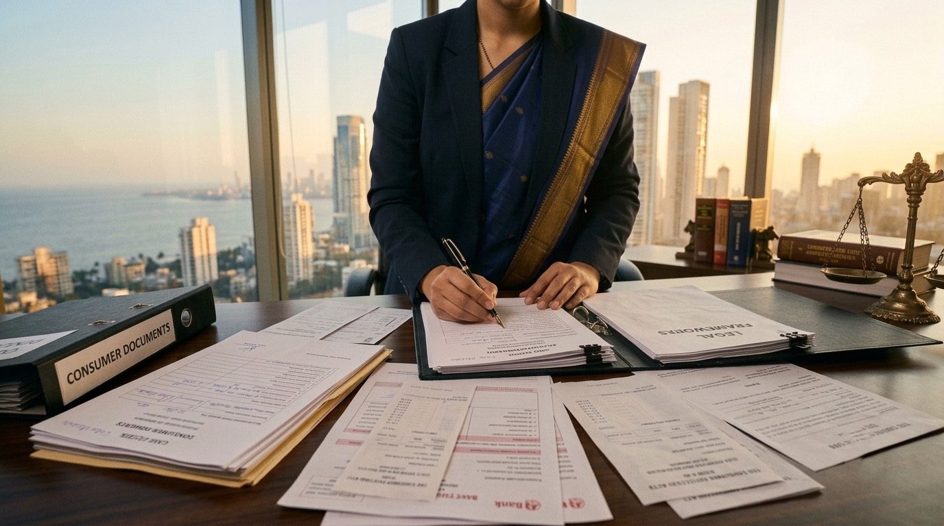 A consumer protection lawyer reviewing consumer documents and bills at a desk overlooking the Mumbai skyline