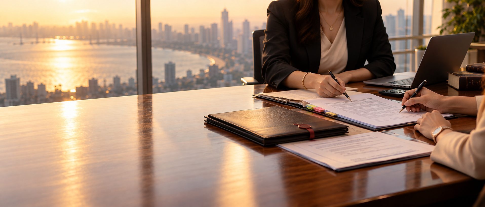 A lawyer reviewing documents with a client at a conference table overlooking the Mumbai coastline - Eagle Law & Integrity corporate and commercial law practice
