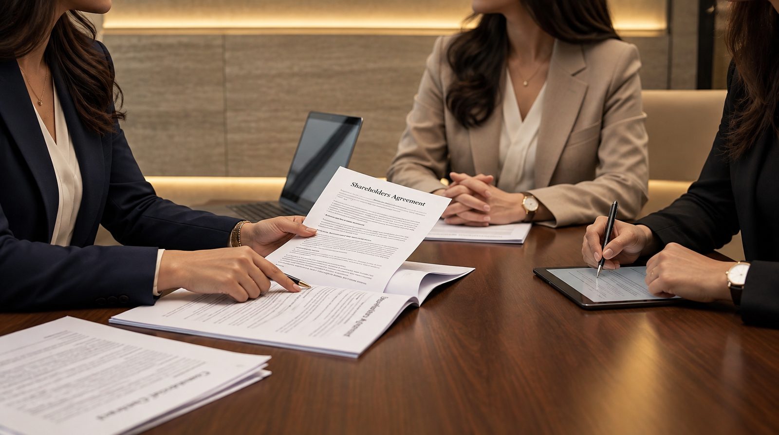 Women lawyers reviewing a shareholders agreement with a client at a boardroom table
