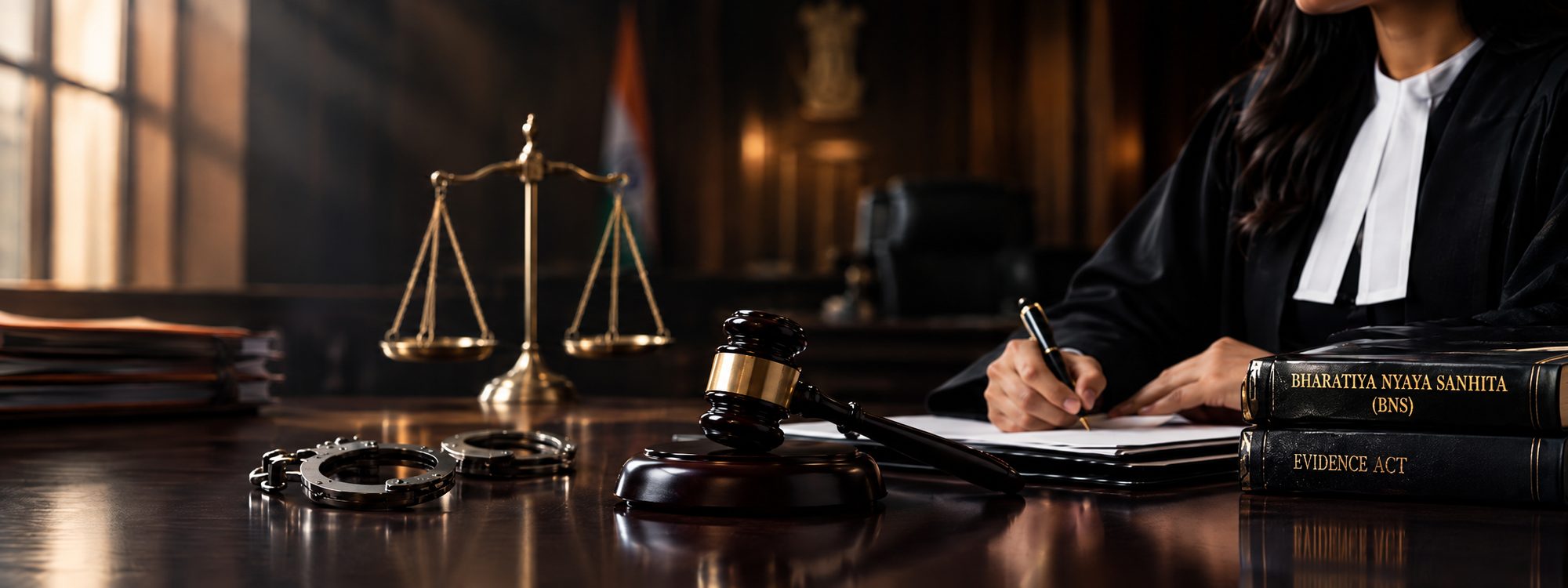 An advocate in robes writing at a desk with a gavel, the scales of justice, handcuffs and criminal law books - Eagle Law & Integrity criminal law practice