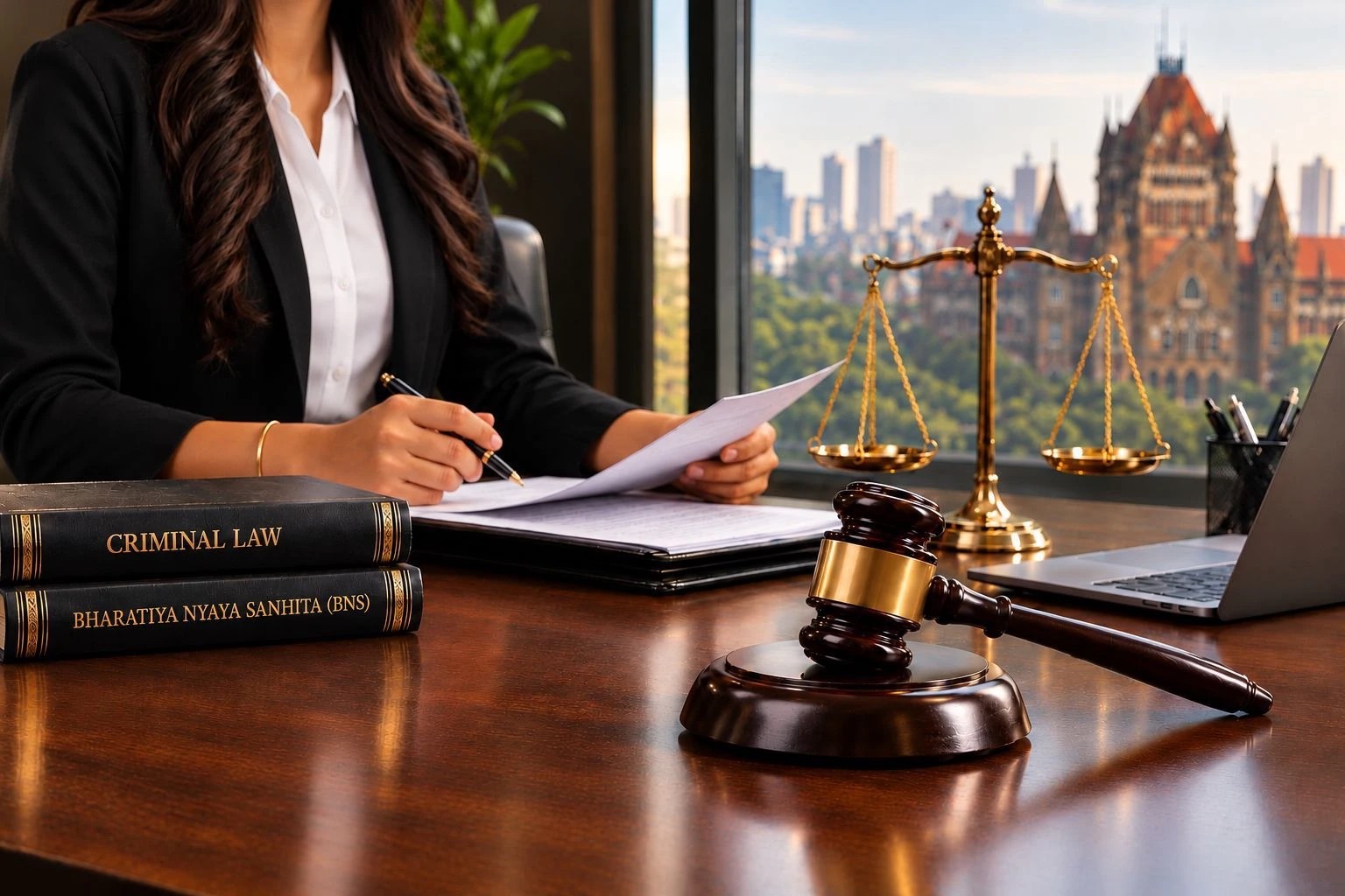 A criminal lawyer at her desk with criminal law and Bharatiya Nyaya Sanhita books, a gavel and scales of justice, overlooking the Bombay High Court