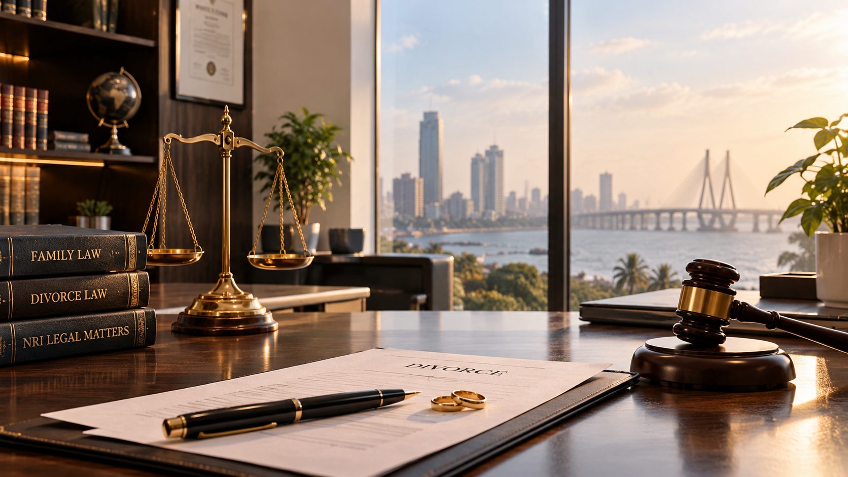 Divorce papers, wedding rings, a gavel and family law books on a desk overlooking the Bandra-Worli Sea Link - Eagle Law & Integrity divorce law practice