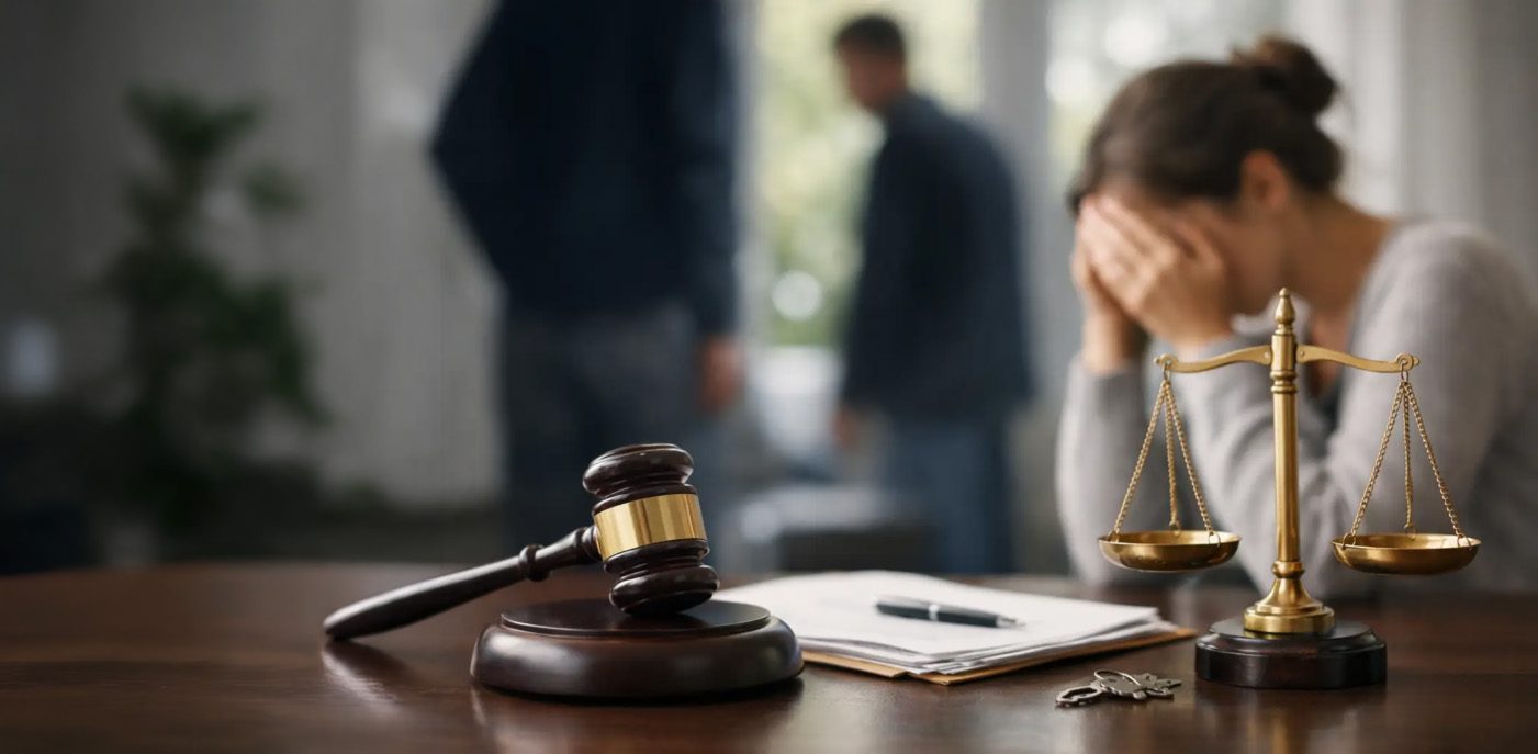 A distressed woman seated beside a gavel and the scales of justice - Eagle Law & Integrity domestic violence practice