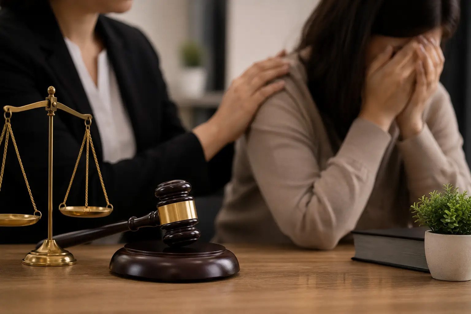 A lawyer comforting a distressed client, with a gavel and the scales of justice on the desk