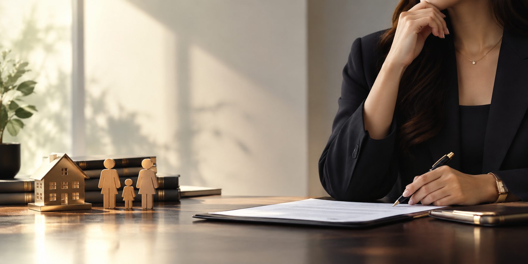 A lawyer signing estate planning documents beside a model house and family figurines - Eagle Law & Integrity estate planning practice