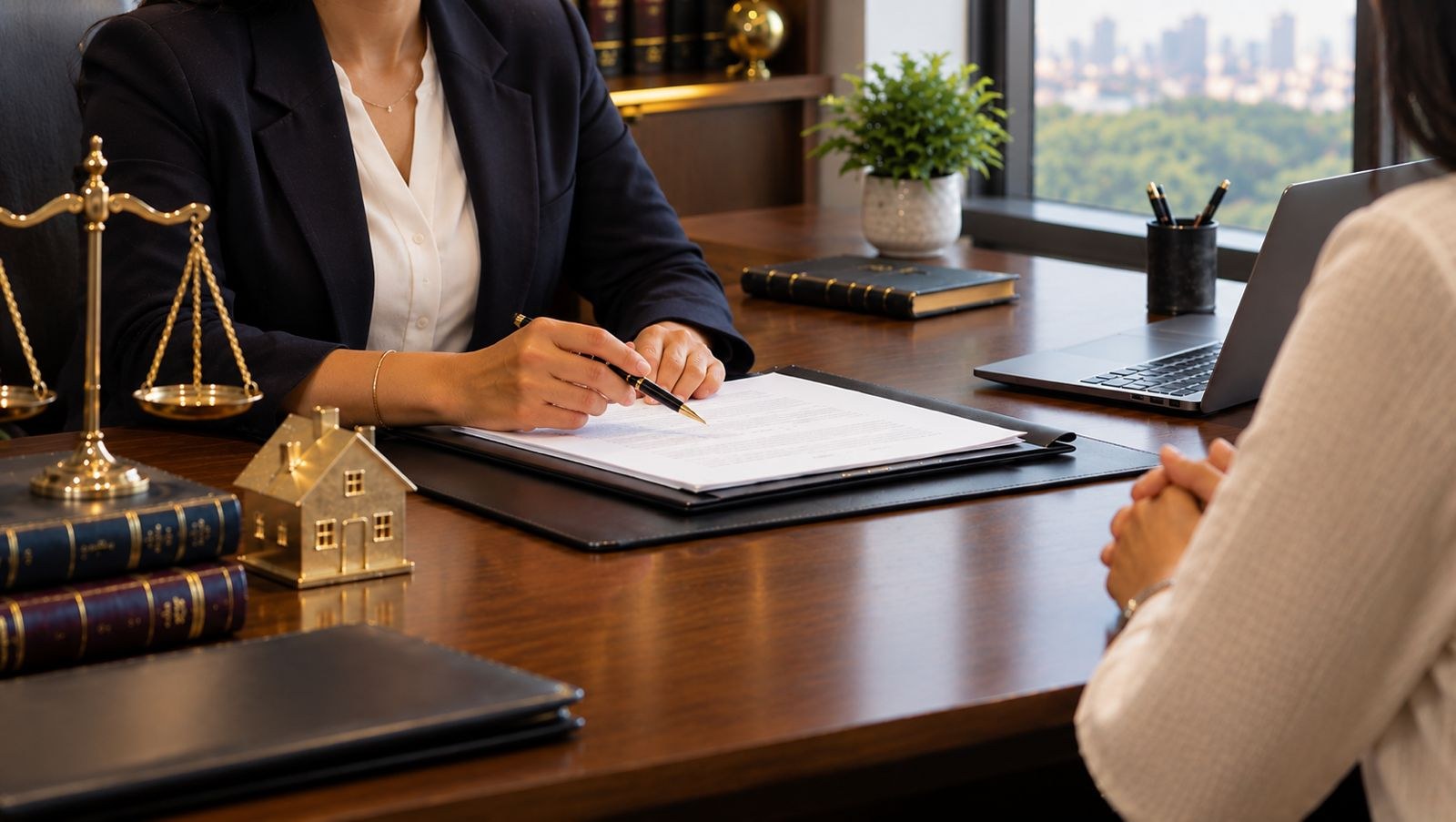 An estate planning lawyer reviewing documents with a client, with a model house and the scales of justice on the desk