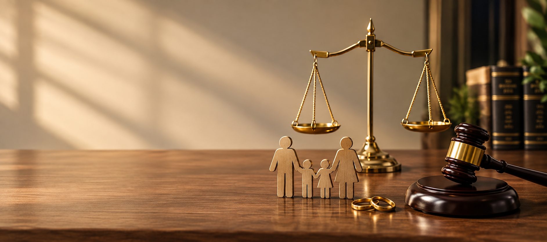 The scales of justice, a gavel, family figurines and wedding rings on a wooden desk - Eagle Law & Integrity matrimonial and family law practice
