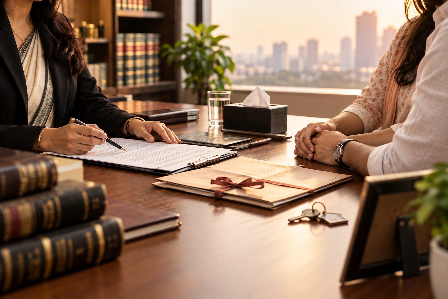 A family lawyer taking notes during a consultation with a client