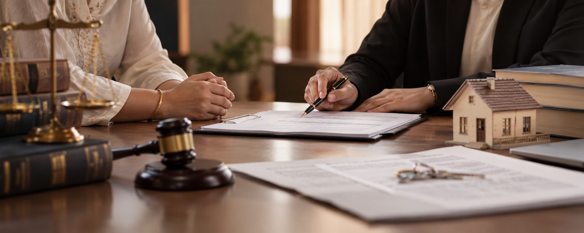 A lawyer reviewing inheritance documents with a client beside a model house and a gavel - Eagle Law & Integrity inheritance law practice