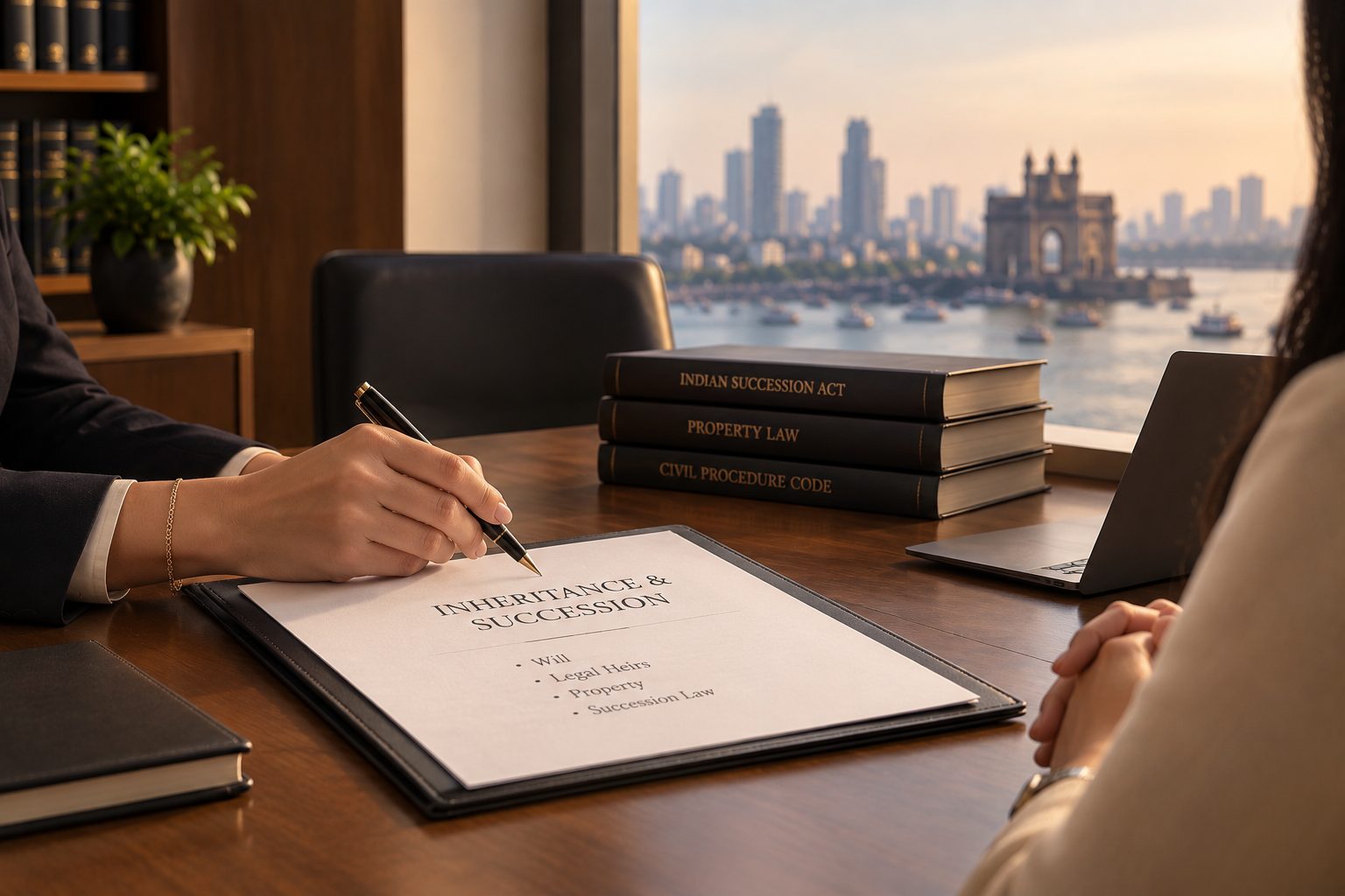An inheritance and succession file with Indian Succession Act and property law books, overlooking the Gateway of India