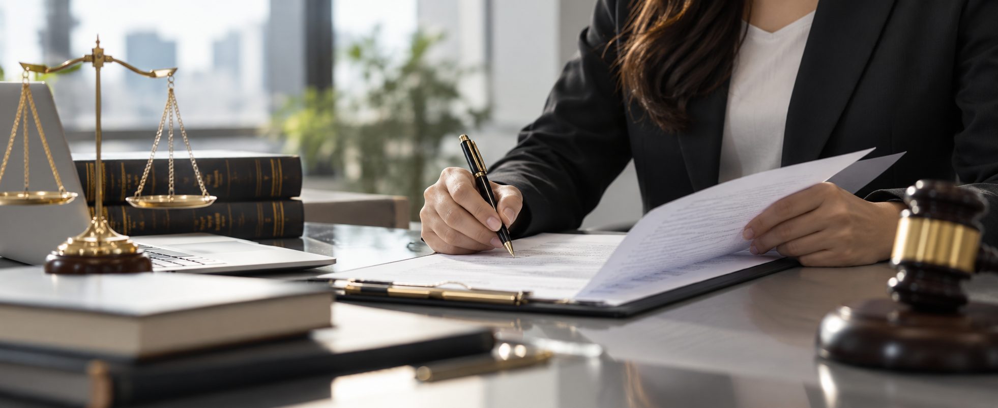 A lawyer reviewing legal documents at a desk with the scales of justice and a gavel - Eagle Law & Integrity legal advisory and documentation practice