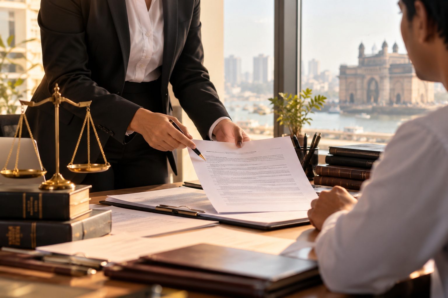 A lawyer explaining a document to a client in an office overlooking the Gateway of India