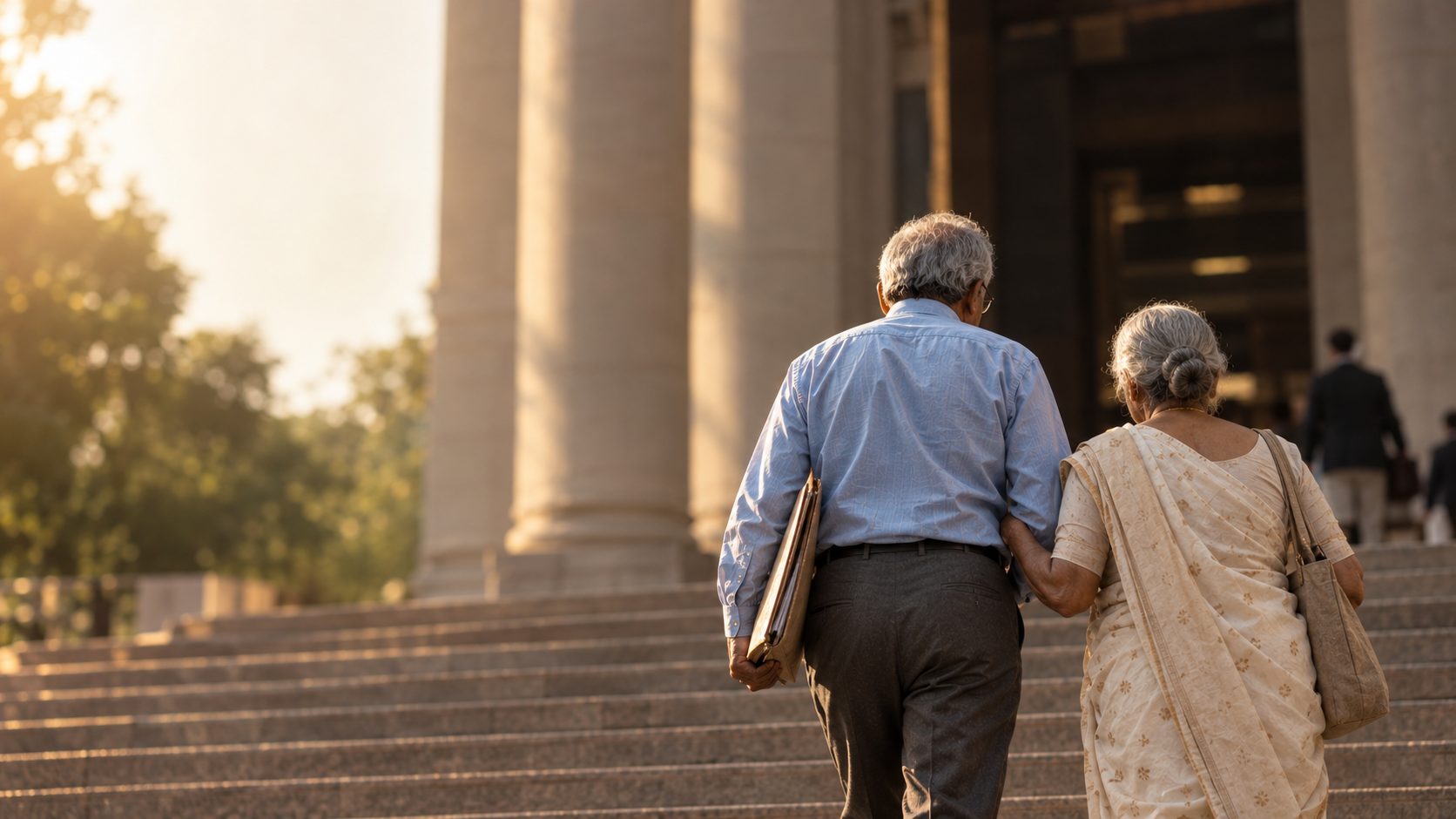 An elderly couple walking up the steps of a court building together - Eagle Law & Integrity maintenance and senior citizens practice