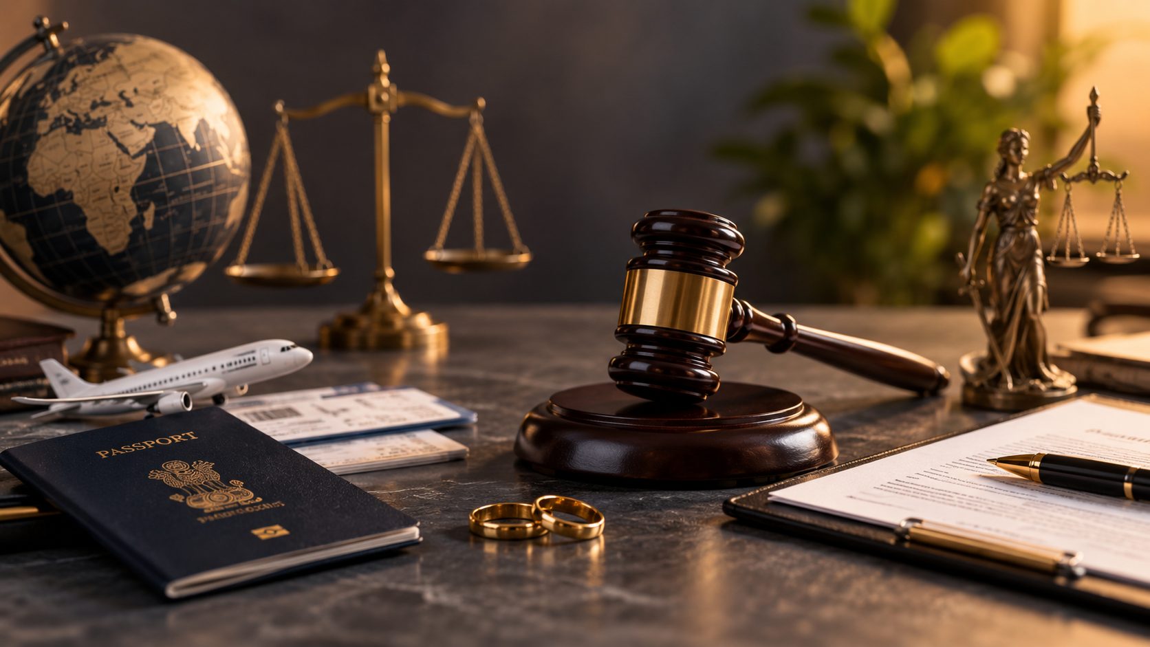 An Indian passport, wedding rings, a gavel and a globe on a lawyer's desk - Eagle Law & Integrity NRI divorce law practice
