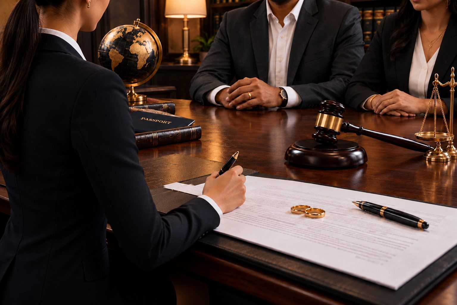 A lawyer advising an NRI couple, with passports, wedding rings and a gavel on the desk
