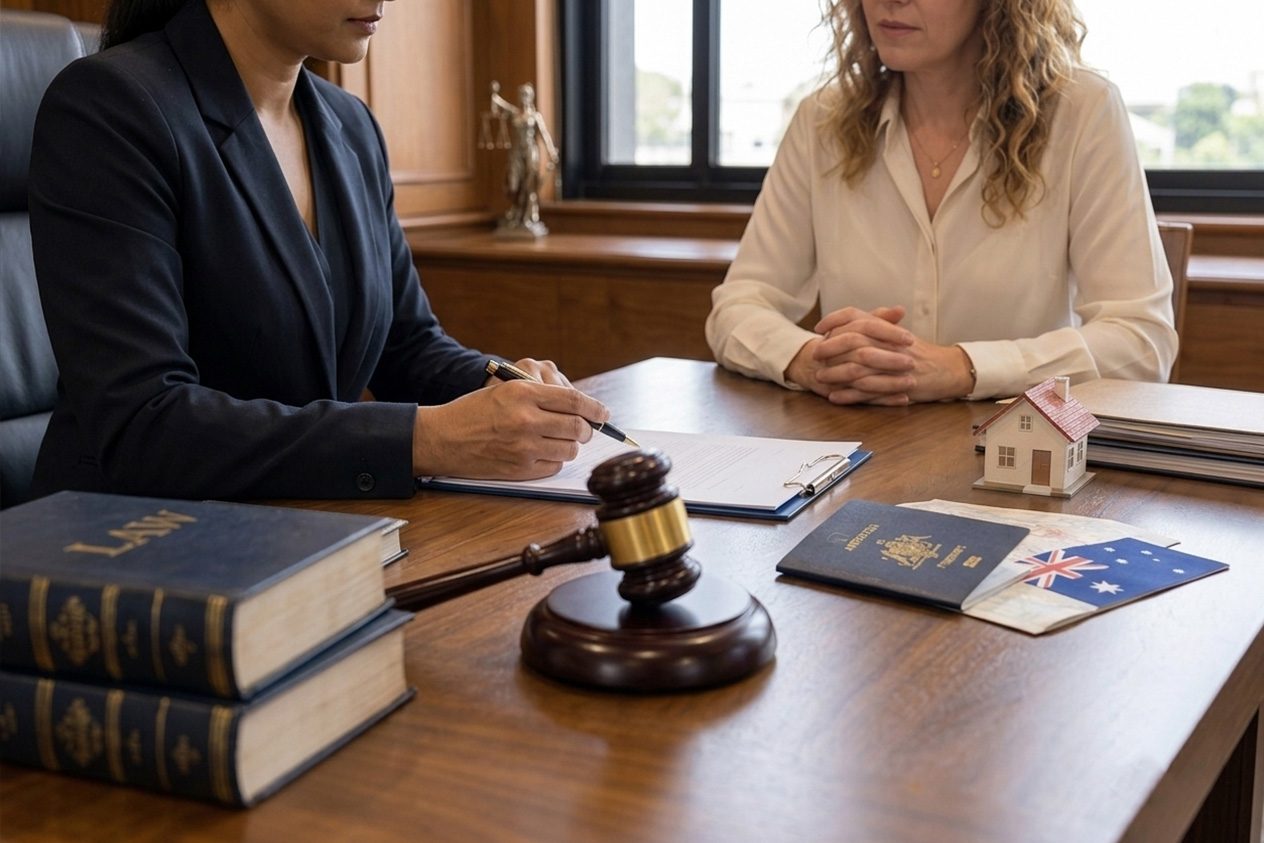 A lawyer advising an NRI client from Australia, with an Australian passport, a model house and a gavel on the desk