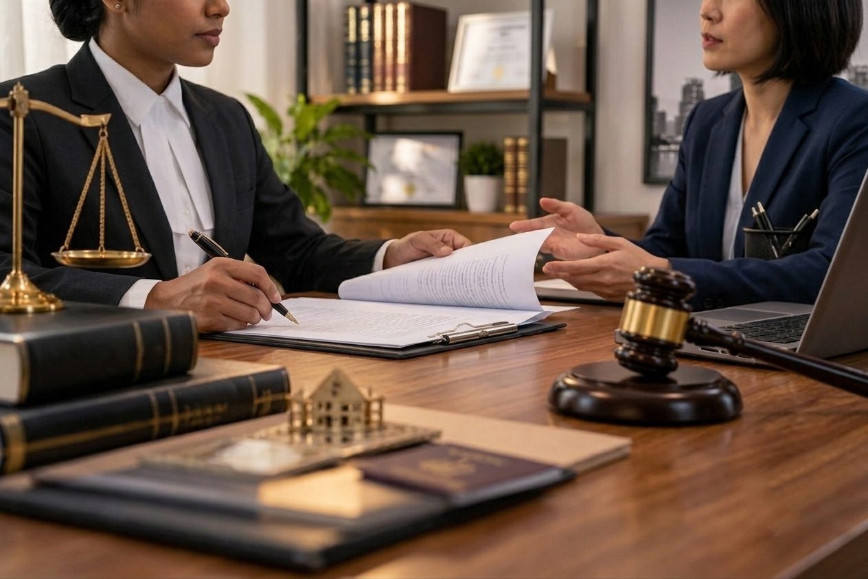 An advocate advising a Singapore-based NRI client across a desk with a gavel and the scales of justice