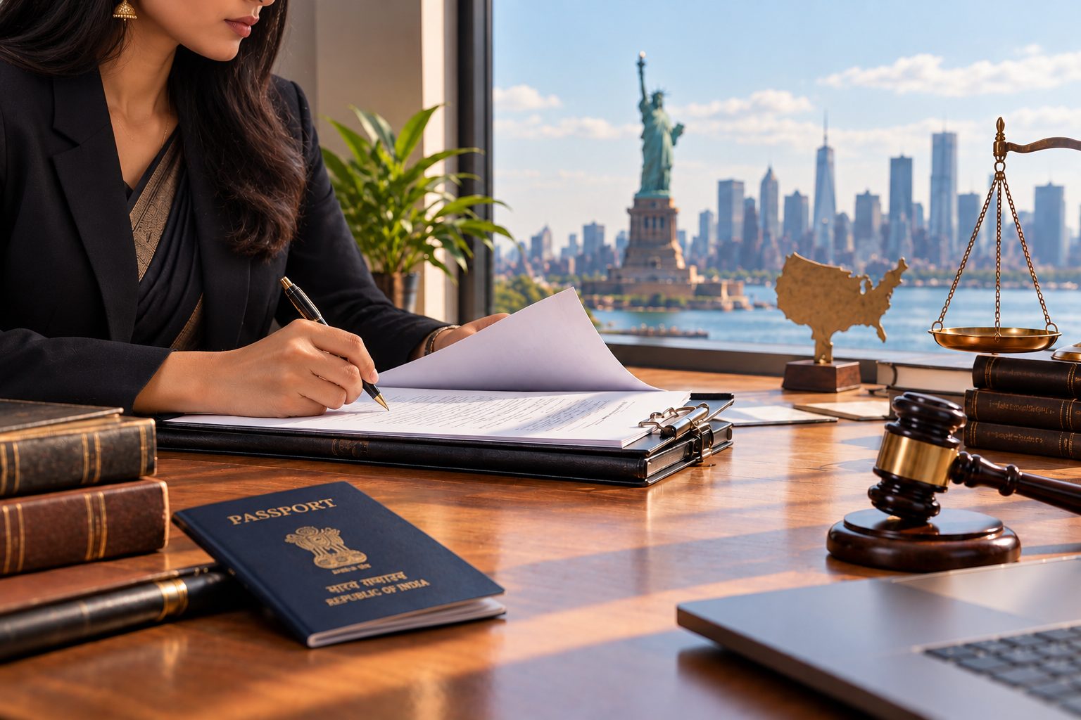 A lawyer reviewing documents beside an Indian passport and gavel, with the Statue of Liberty visible through the window