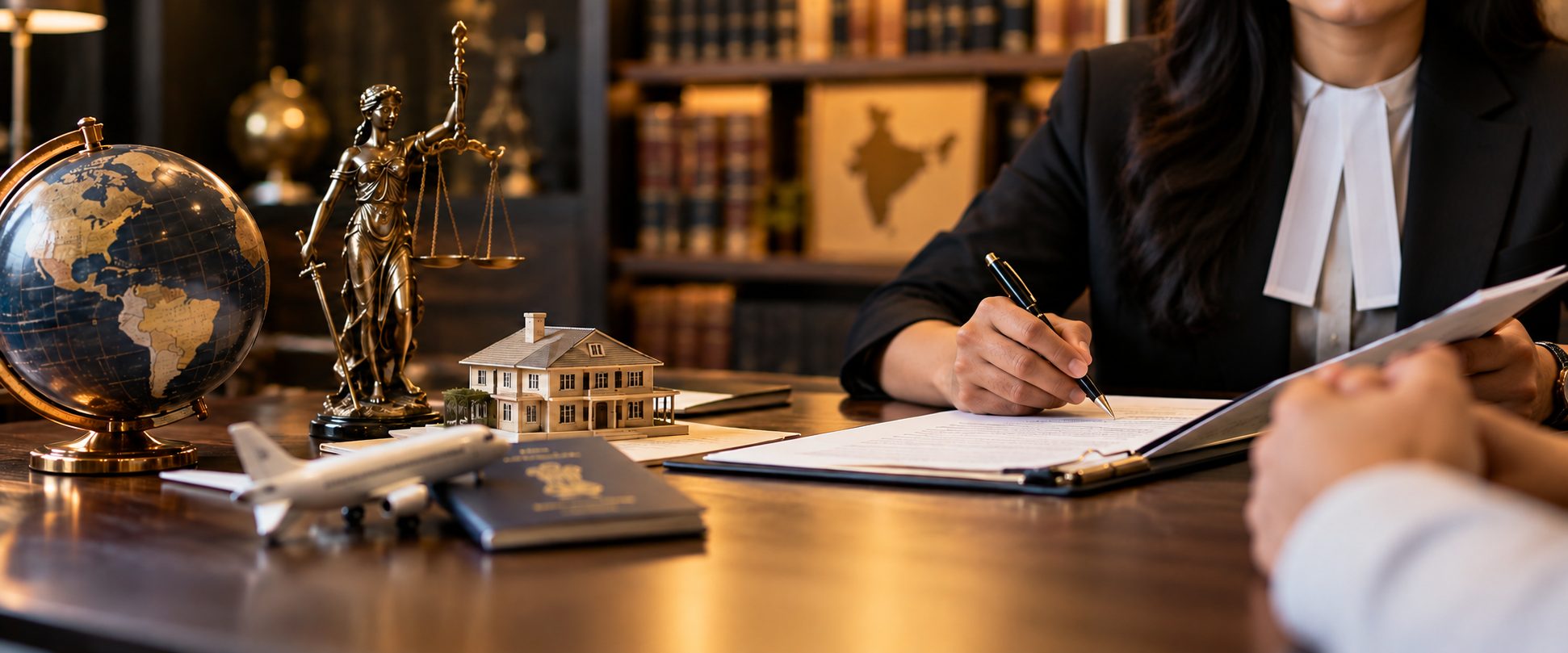 An advocate reviewing documents with an NRI client beside a globe, a model house and an Indian passport - Eagle Law & Integrity NRI legal disputes practice
