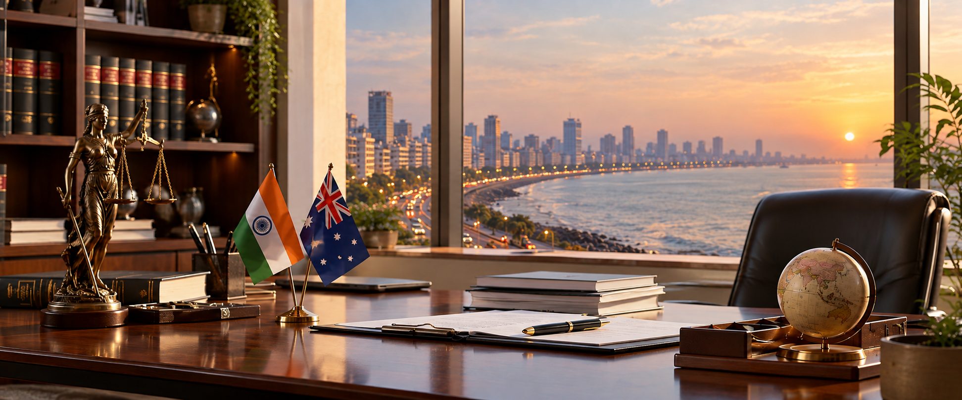 A lawyer's desk with Indian and Australian flags overlooking Marine Drive in Mumbai at sunset - Eagle Law & Integrity NRI legal services for clients in Australia
