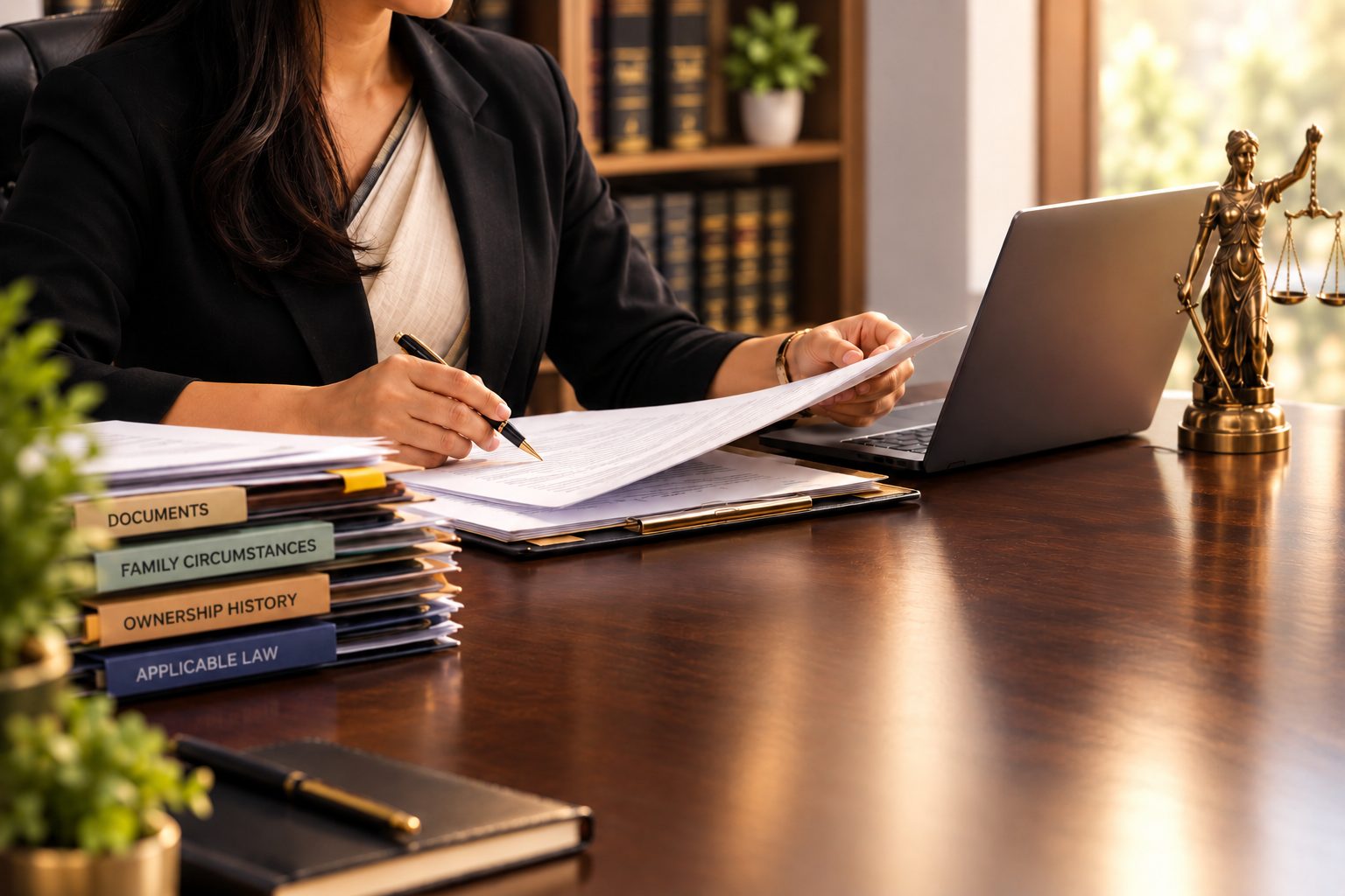 A lawyer reviewing NRI case files labelled documents, family circumstances, ownership history and applicable law