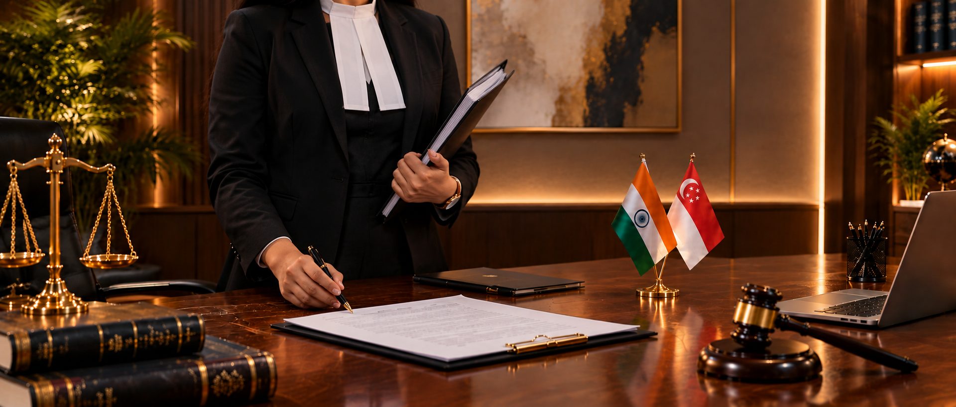 An advocate in robes at her desk with Indian and Singapore flags - Eagle Law & Integrity NRI legal services for clients in Singapore