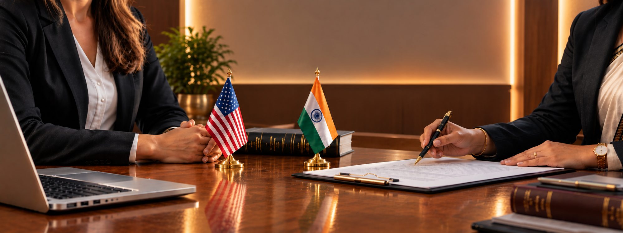 A lawyer advising an NRI client at a desk with US and Indian flags - Eagle Law & Integrity NRI legal services for clients in the USA