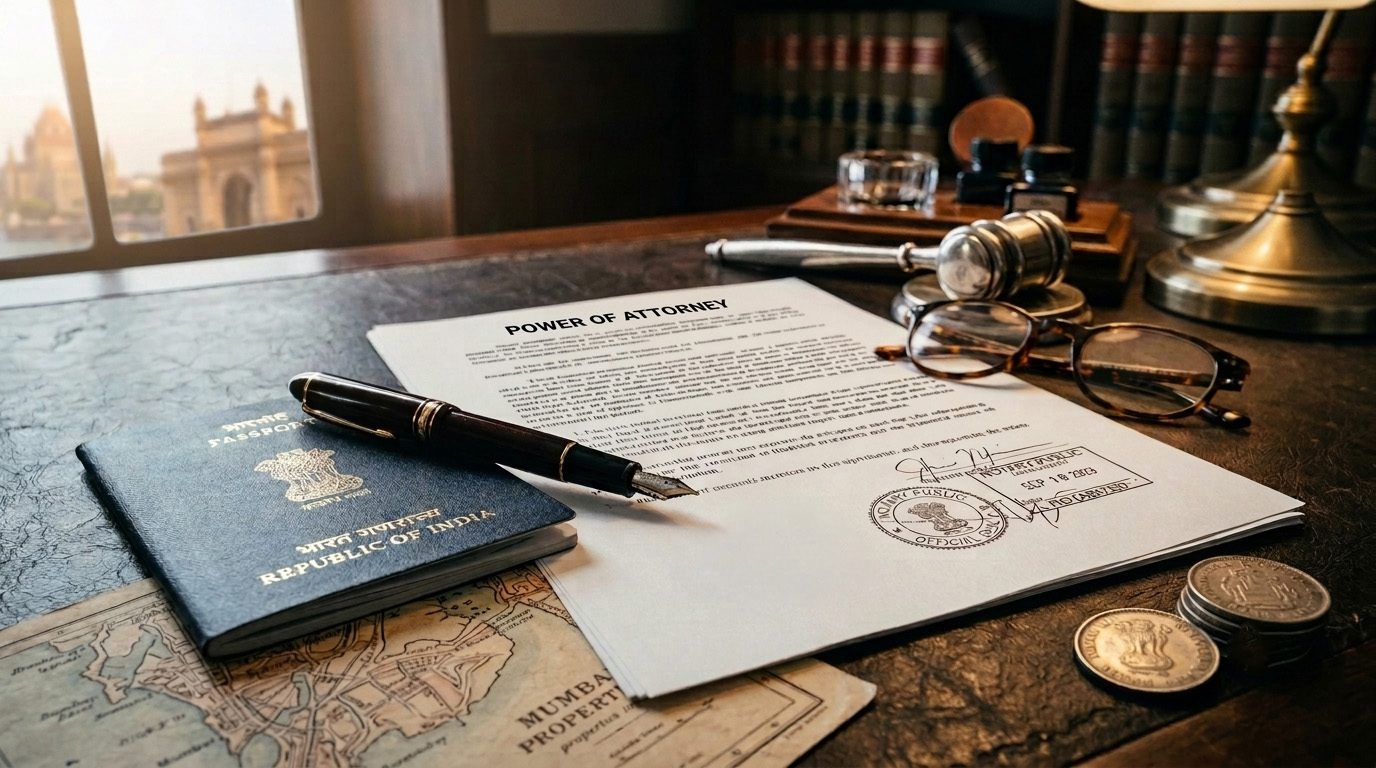 A power of attorney document, an Indian passport and a fountain pen on a desk near the Gateway of India - Eagle Law & Integrity NRI power of attorney practice