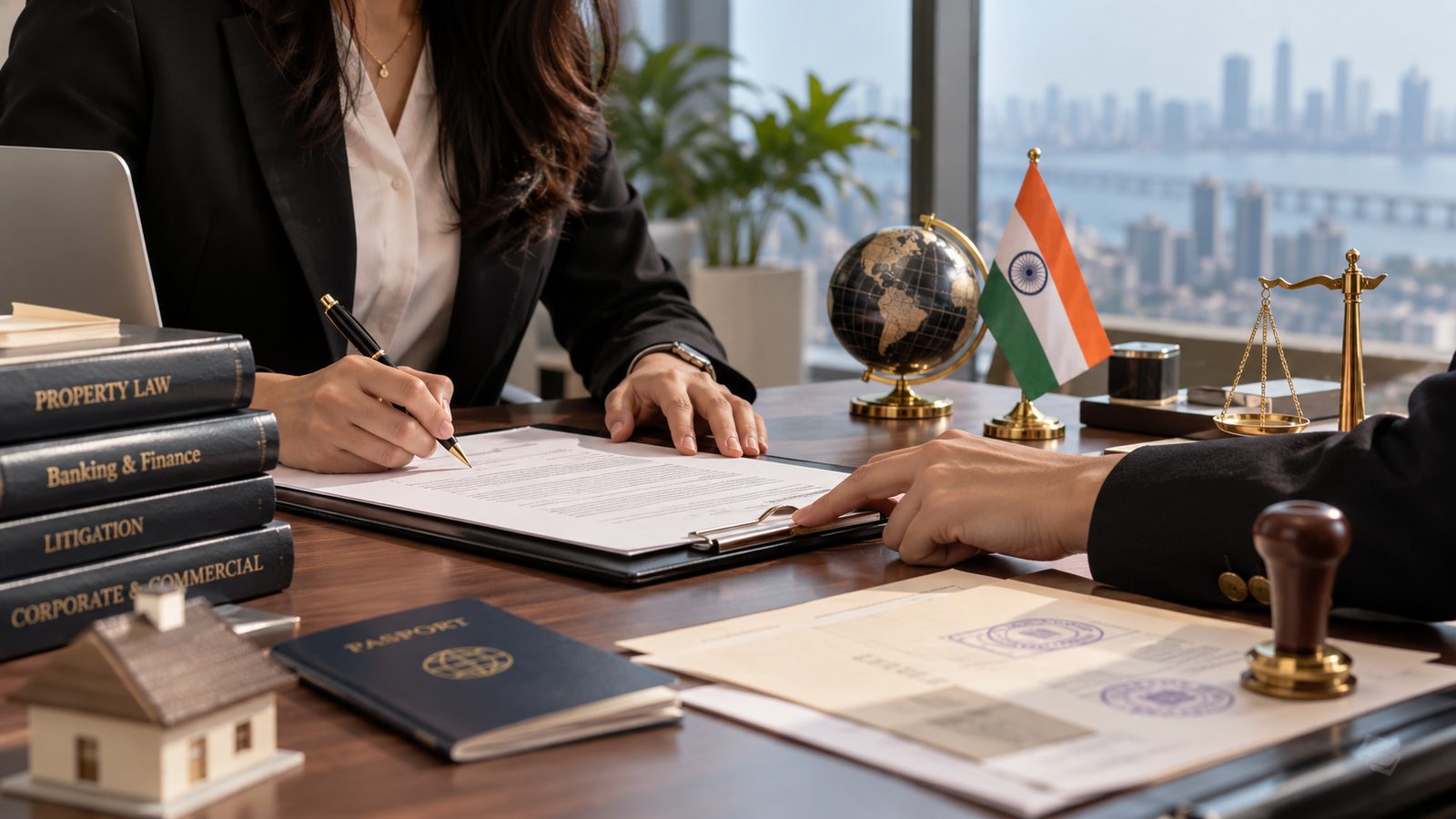 A lawyer preparing a power of attorney with an NRI client, with an Indian flag, passport and model house on the desk