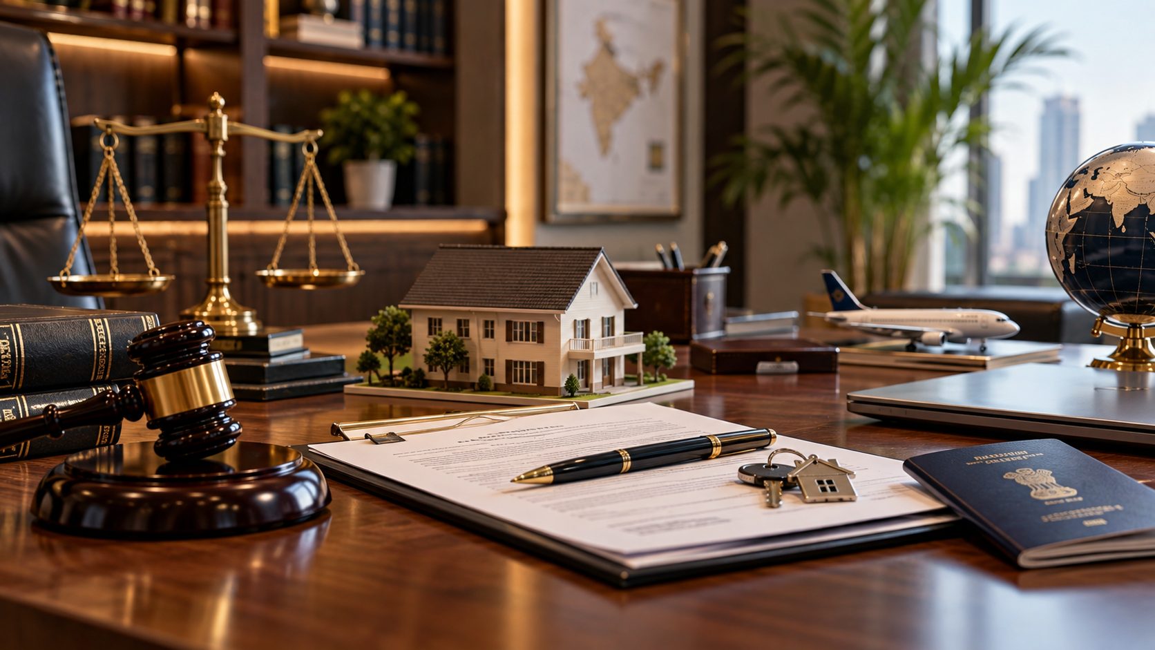 A model house, house keys, property documents and an Indian passport on a lawyer's desk beside a gavel and the scales of justice - Eagle Law & Integrity NRI property law practice